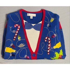 Jolly Sweaters Christmas Sweater Tie Holiday Party Beer Blue L Ugly Sweater